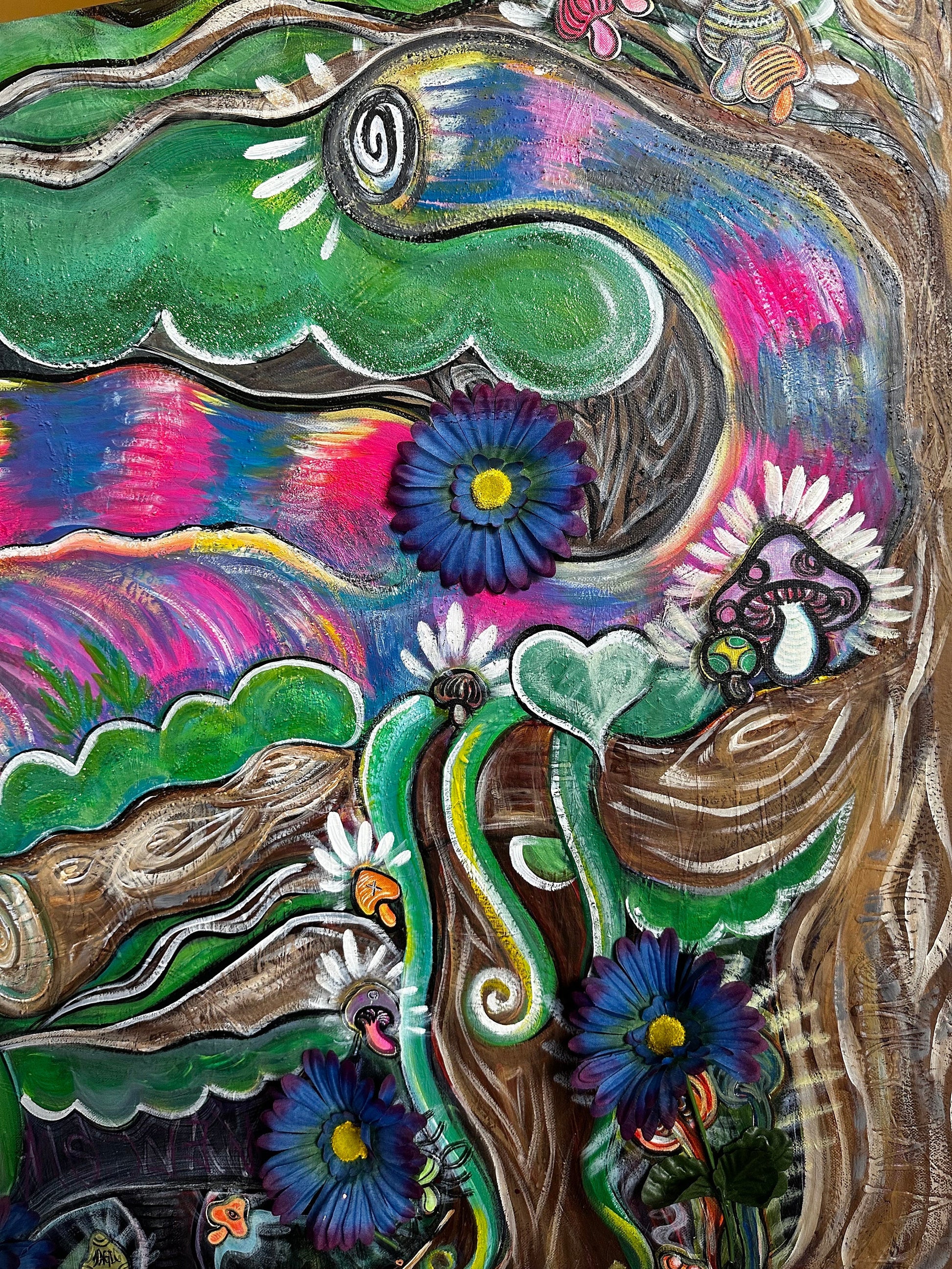 huge mister Cheshire Cat on a huge XL canvas, 3D acrylic painting with mushrooms and flowers, views from the enchanted forest