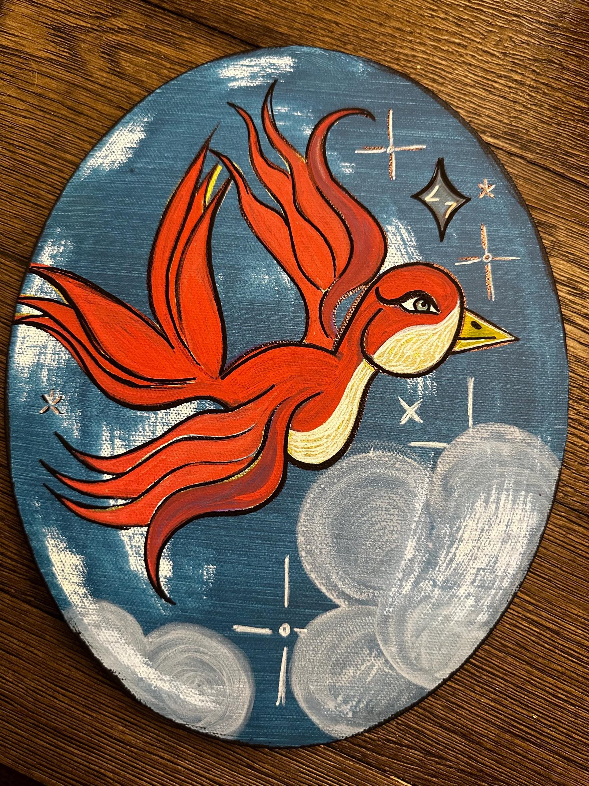 freebird acrylic art painting on oval canvas