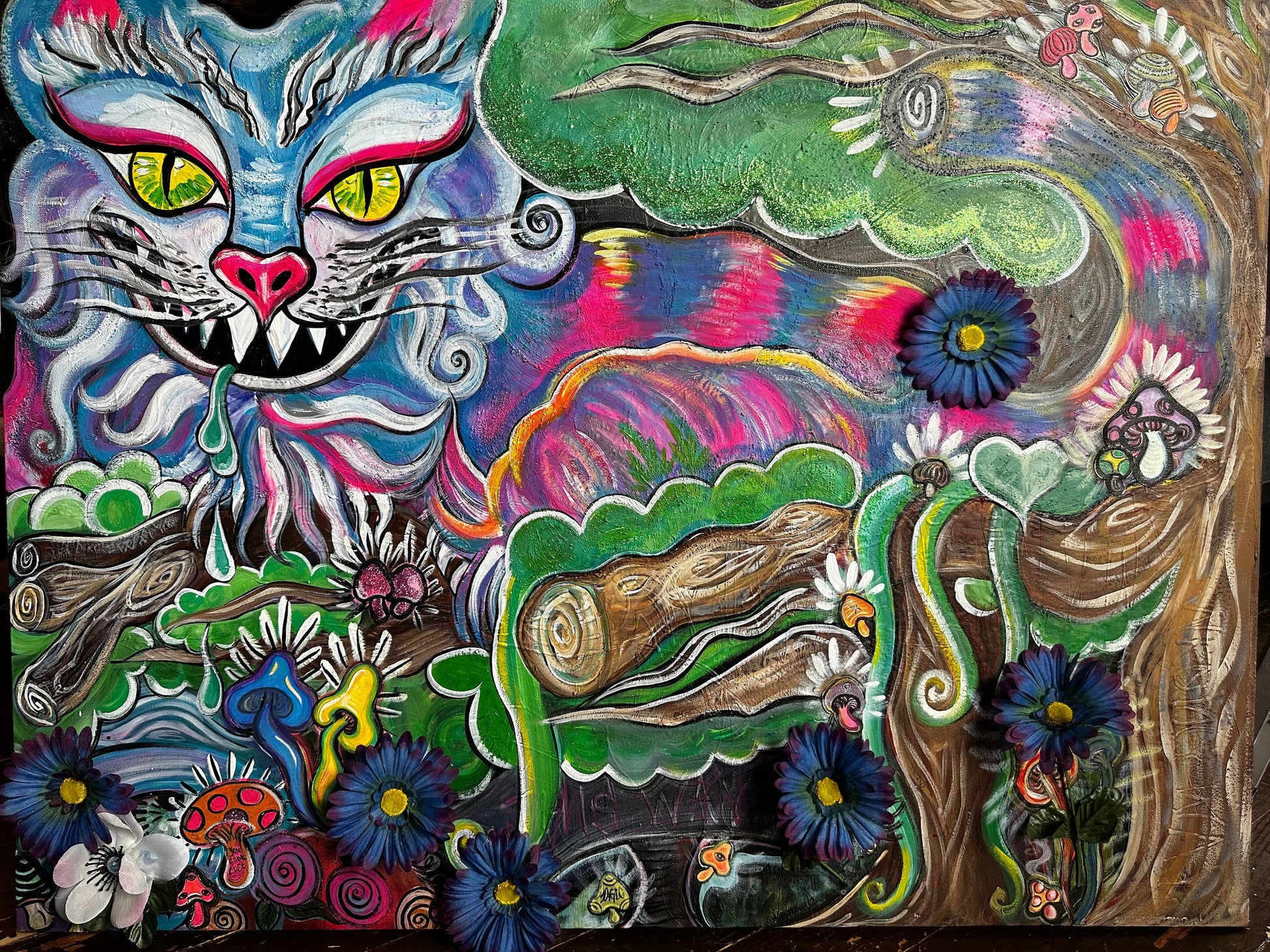 huge mister Cheshire Cat on a huge XL canvas, 3D acrylic painting with mushrooms and flowers, views from the enchanted forest