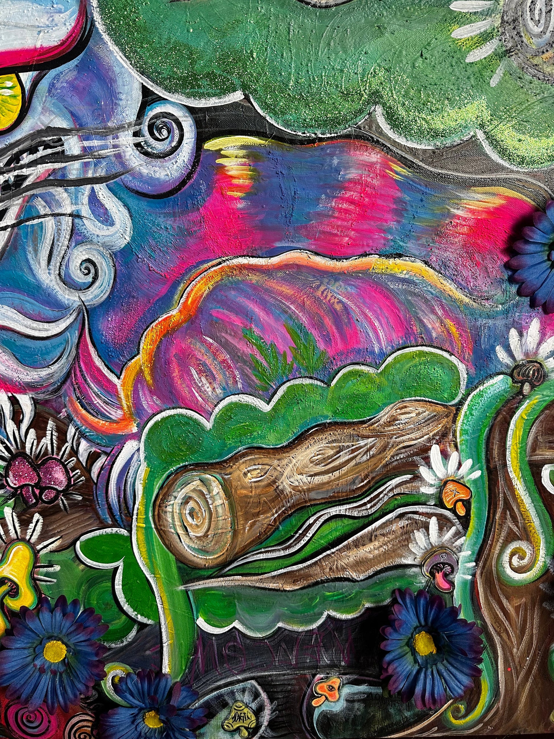 huge mister Cheshire Cat on a huge XL canvas, 3D acrylic painting with mushrooms and flowers, views from the enchanted forest