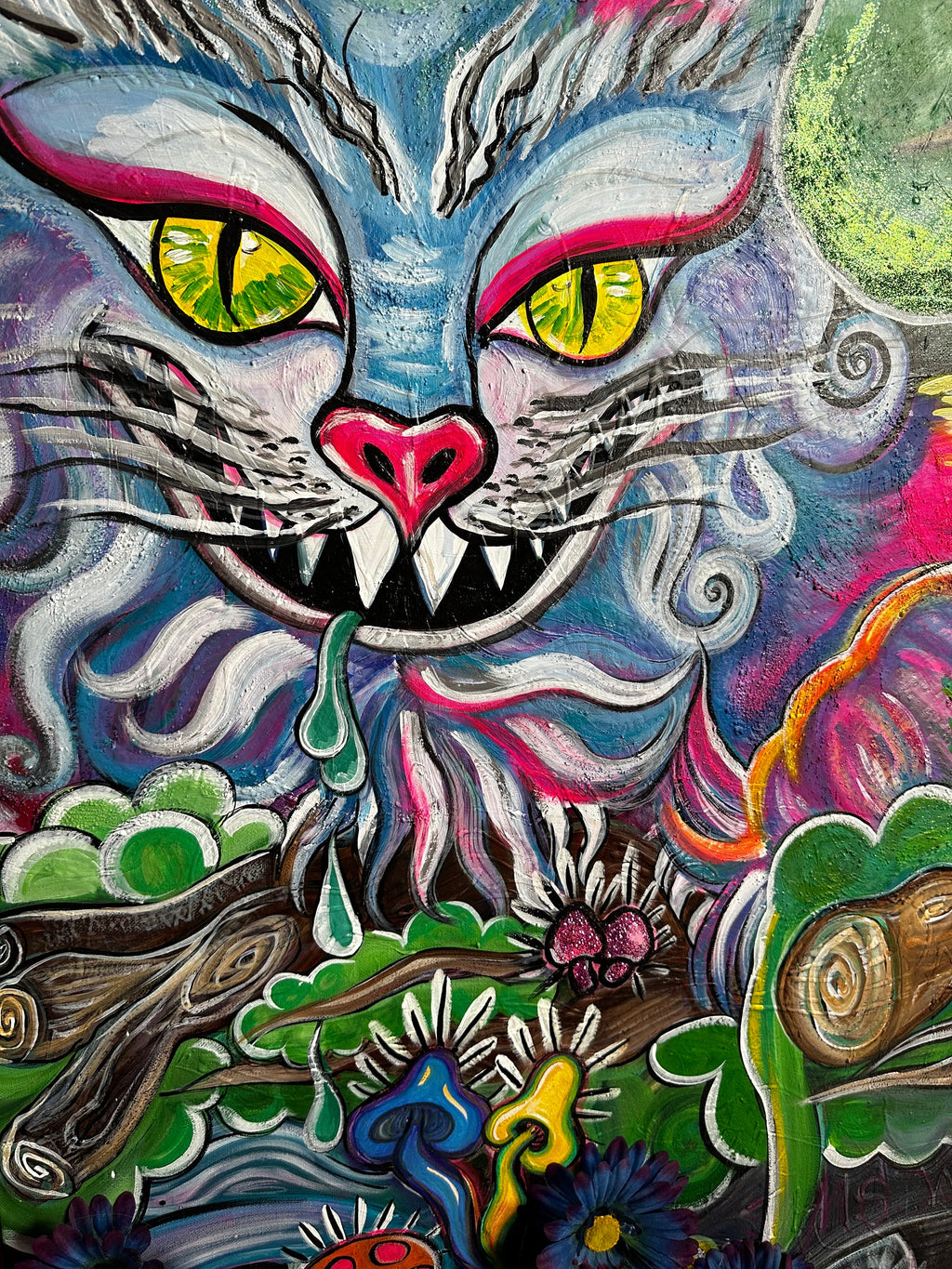 huge mister Cheshire Cat on a huge XL canvas, 3D acrylic painting with mushrooms and flowers, views from the enchanted forest