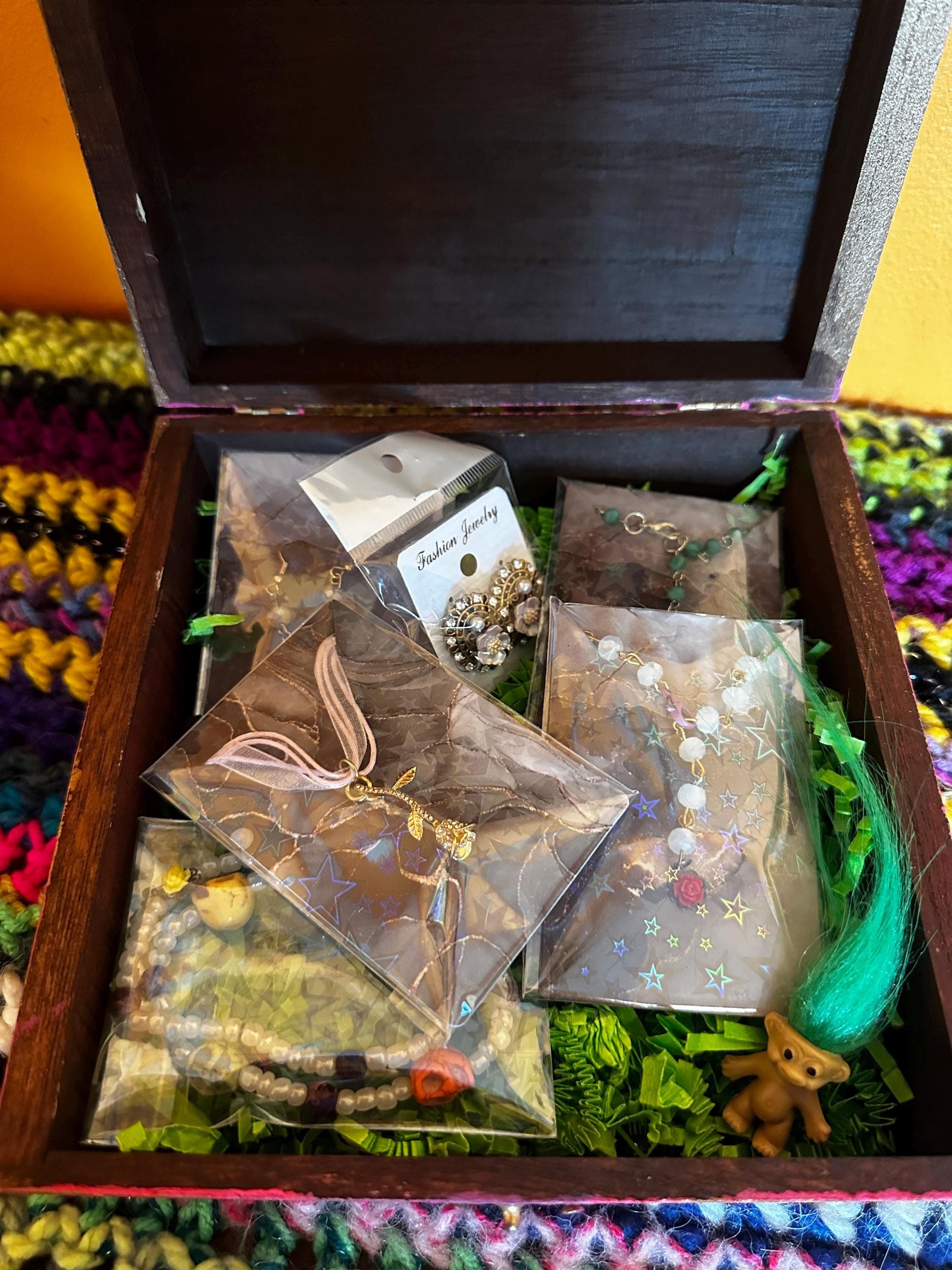 y2k skull n roses, dancing skeletons hand painted unique jewelry box gift full of jewelry… I mean 7 treasure surprise.