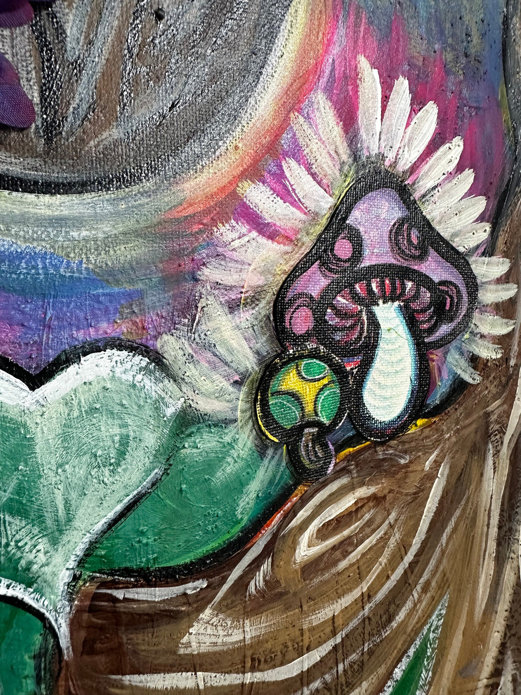 huge mister Cheshire Cat on a huge XL canvas, 3D acrylic painting with mushrooms and flowers, views from the enchanted forest