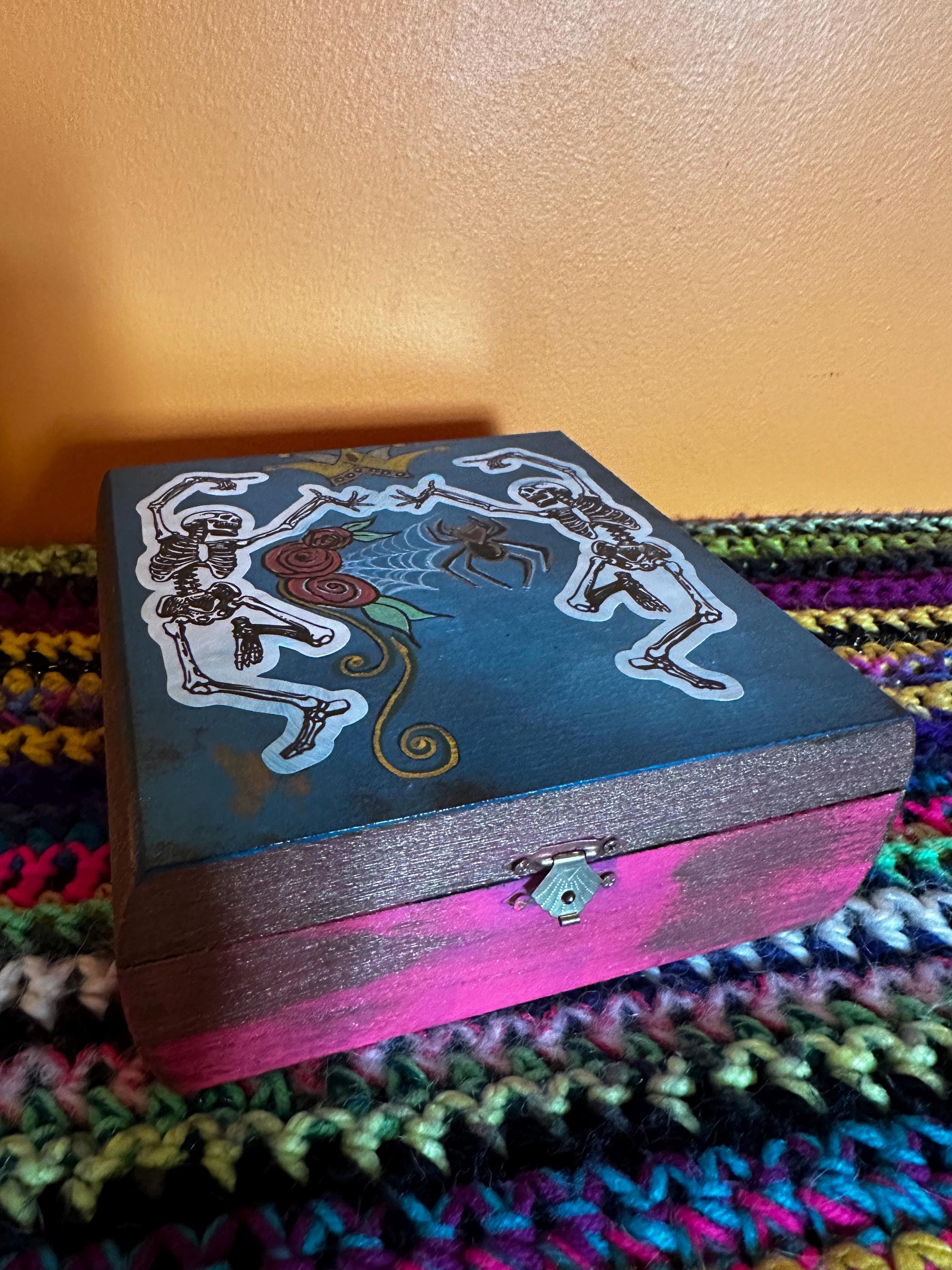 y2k skull n roses, dancing skeletons hand painted unique jewelry box gift full of jewelry… I mean 7 treasure surprise.
