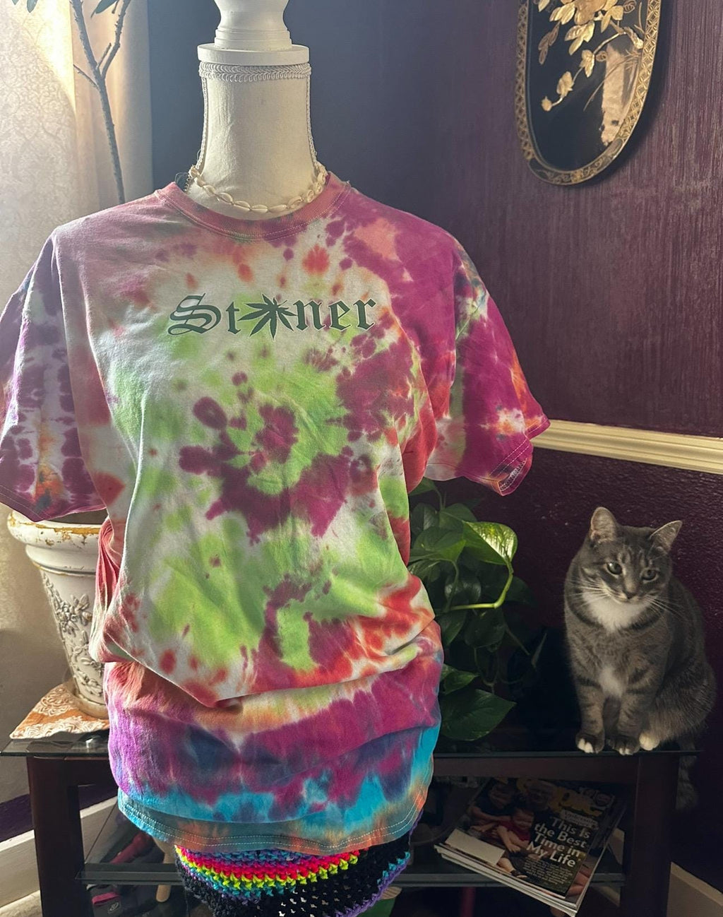 one of a kind, tye dye “stoner” tee, unisex adult size large t-shirt, handmade 2024 clothing