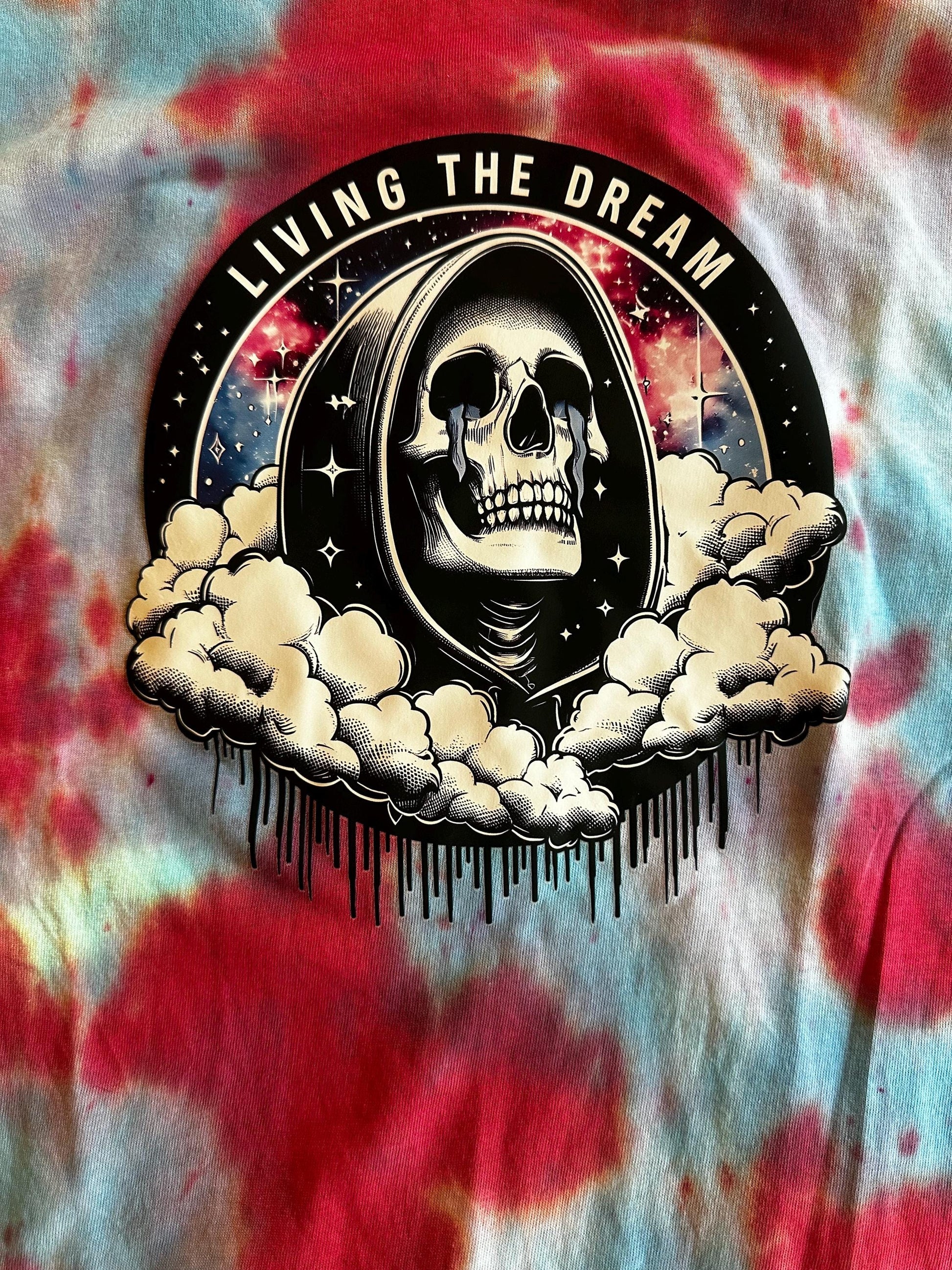 living the dream crying skull tye dye ooak unisex tee